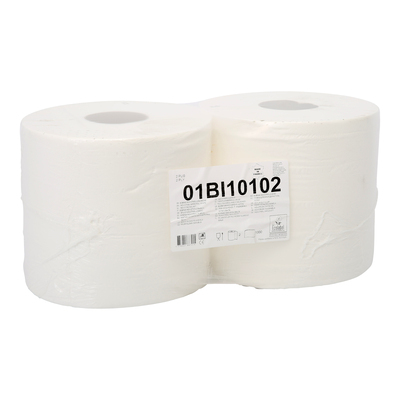 100161: Bobine d"essuyage maxi - tissu pur - 2 plis - 300 m x 19.4 cm - 1000 feuilles - BLANC - 2 rouleaux